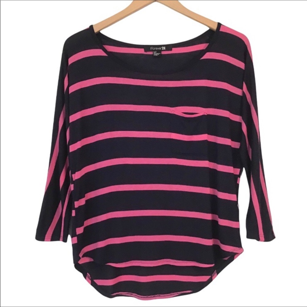 Forever 21 Black & Pink Striped Top Size S Front Pocket Dolman Sleeve Hi-lo Hem